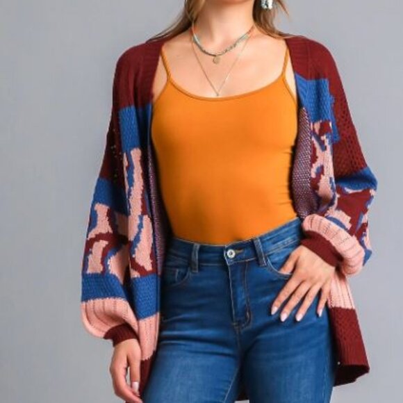 Multi color colorblock sweater cardigan wine and teal - Picture 4 of 4